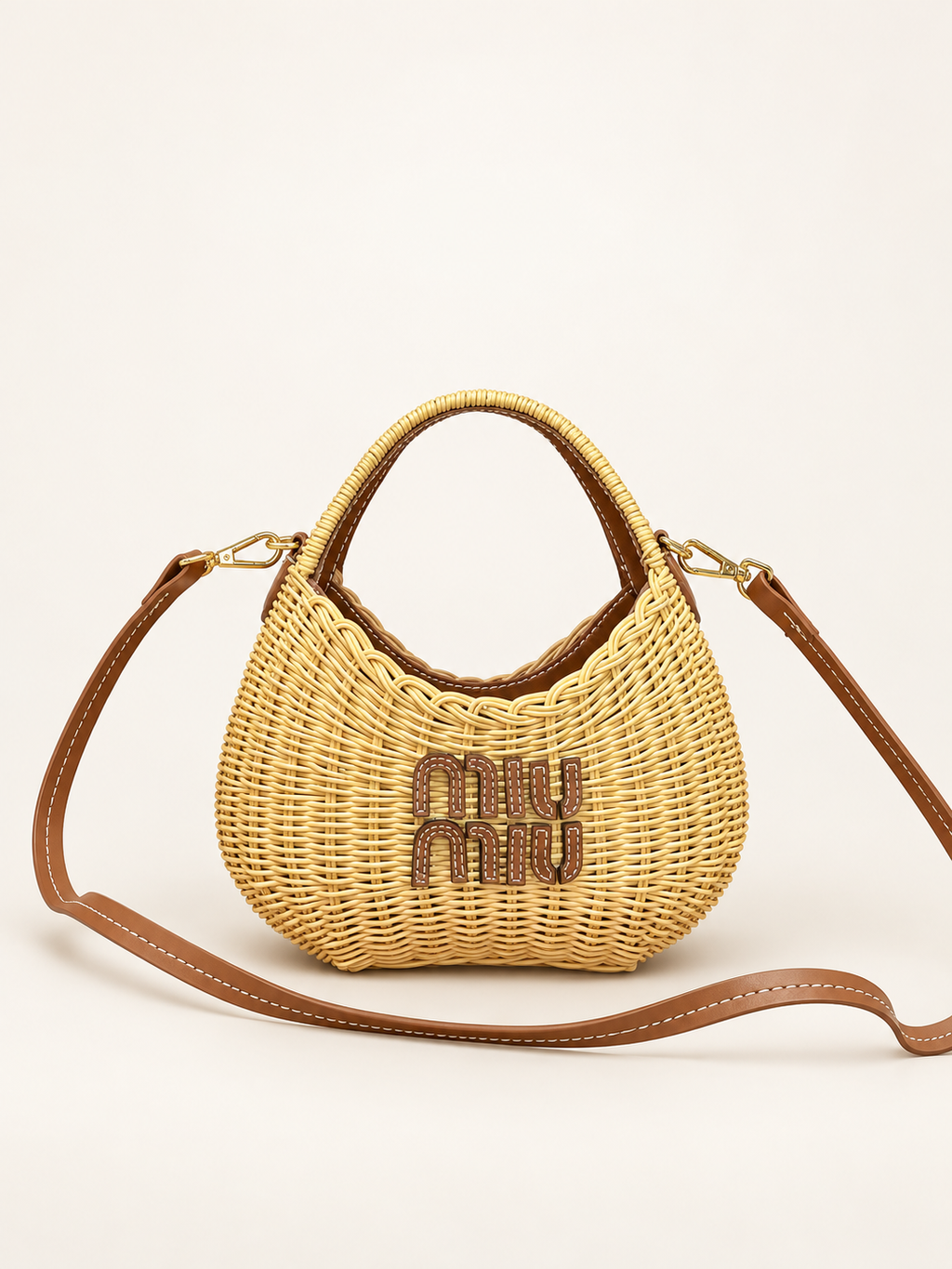 Miu Miu woven logo hobo bag natural – front view