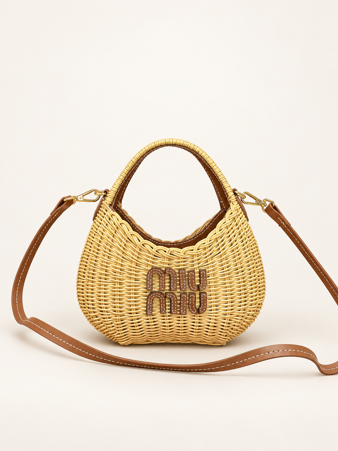 Miu Miu woven logo hobo bag natural – front view
