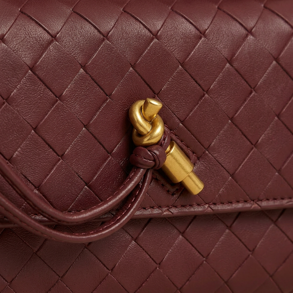 Bottega Veneta Andiamo Clutch Burgundy — gold knot close-up