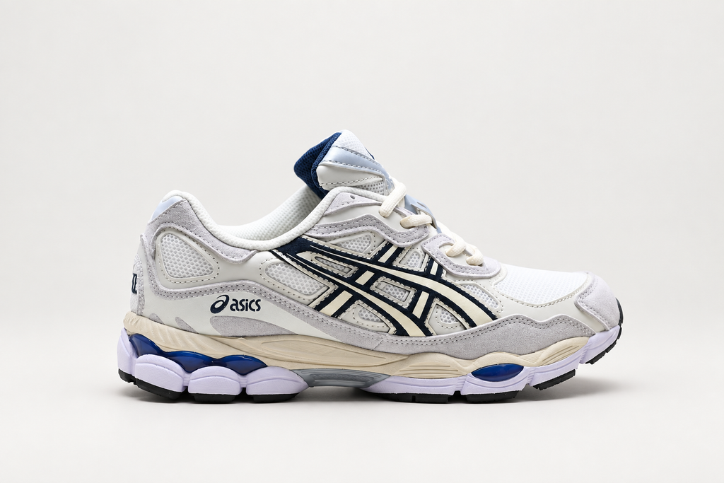 ASICS Gel-NYC Ivory / Navy / Lilac clean background side view