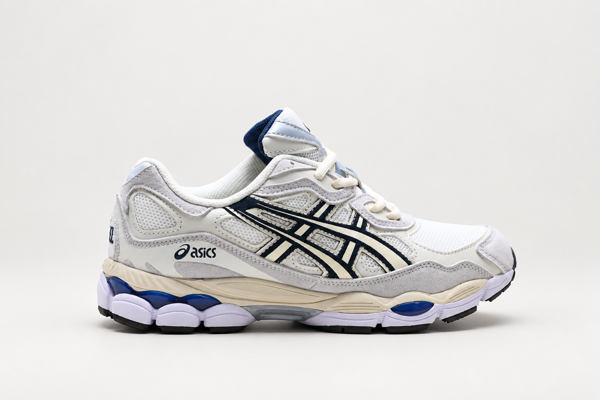 ASICS Gel-NYC Ivory / Navy / Lilac clean background side view