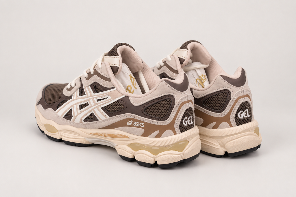 ASICS Gel-NYC Mocha / Sand clean background rear view