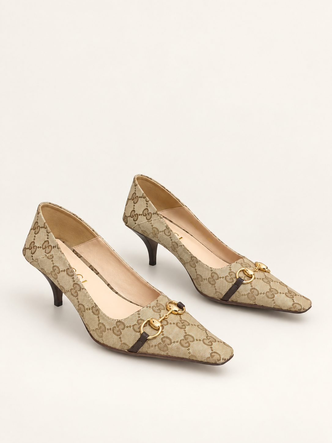 Gucci Erin GG Canvas Horsebit Pumps Beige Ebony