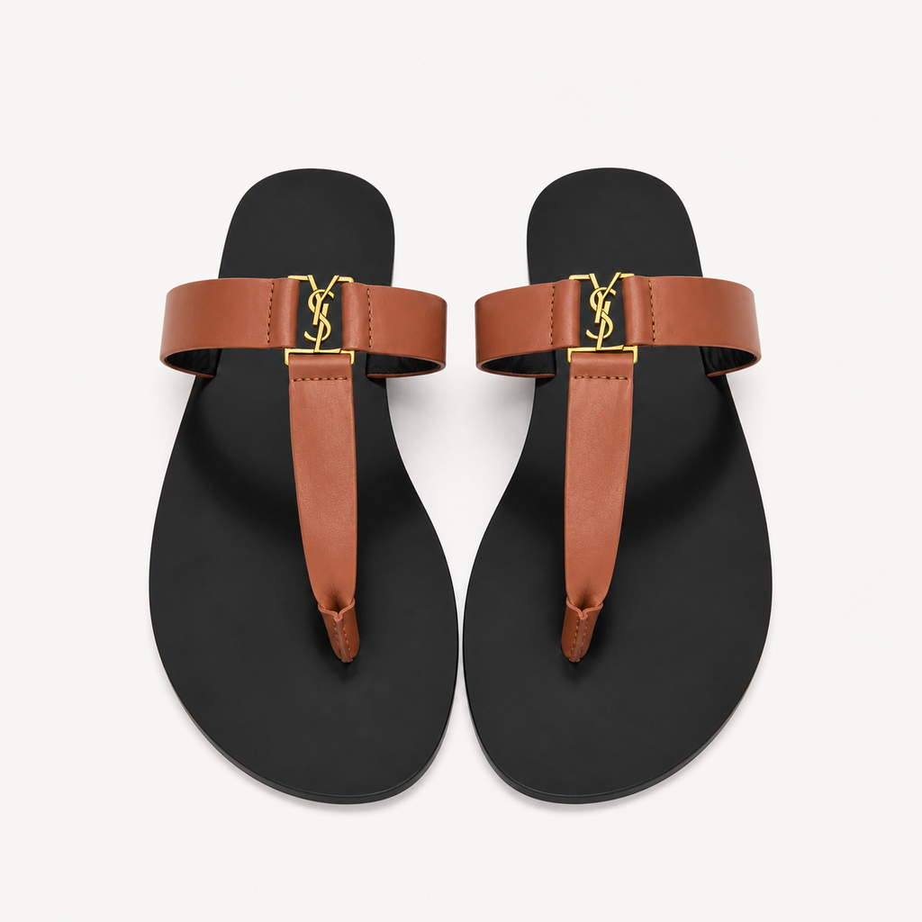 Saint Laurent Cassandre Flat Sandals Cognac - catalog front