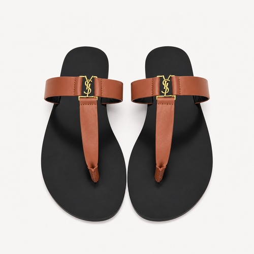 Saint Laurent Cassandre Flat Sandals Cognac - catalog front