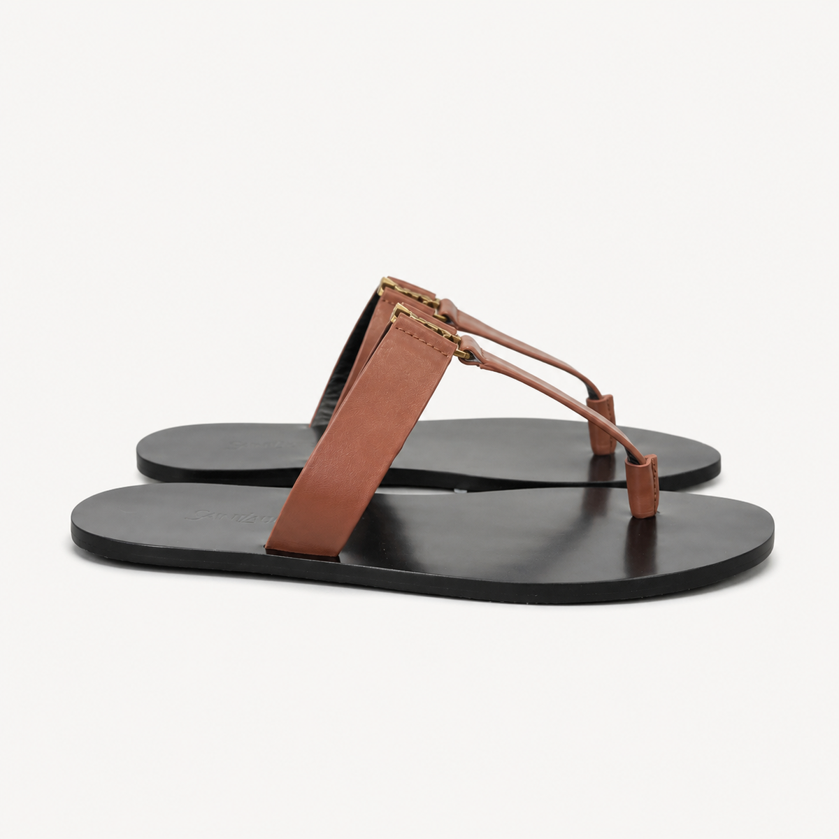 Saint Laurent Cassandre Flat Sandals Cognac - side