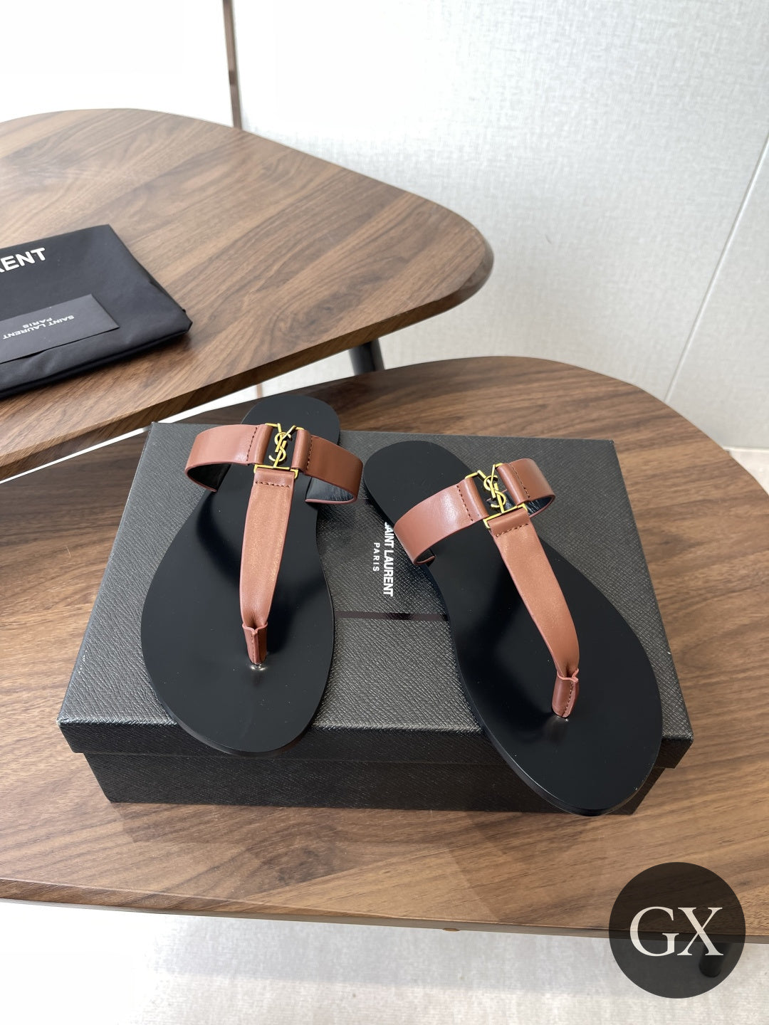 Saint Laurent Cassandre Flat Sandals Cognac - GX