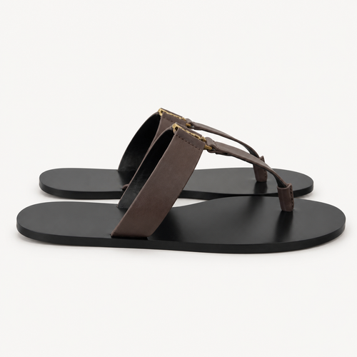 Saint Laurent Cassandre Flat Sandals Dark Brown - side