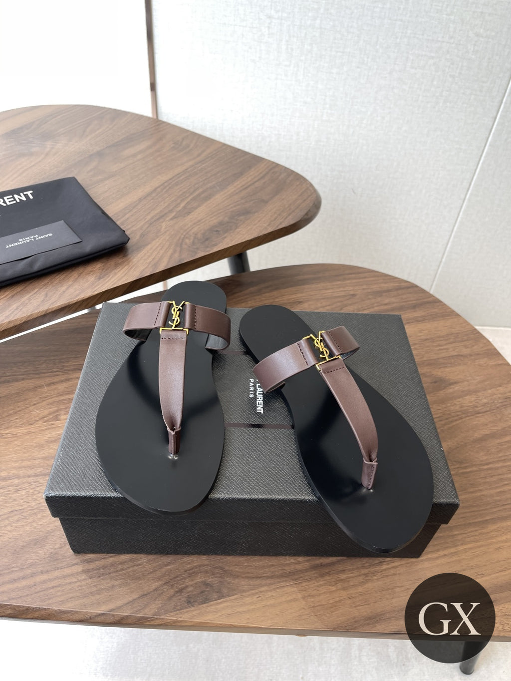 Saint Laurent Cassandre Flat Sandals Dark Brown - GX