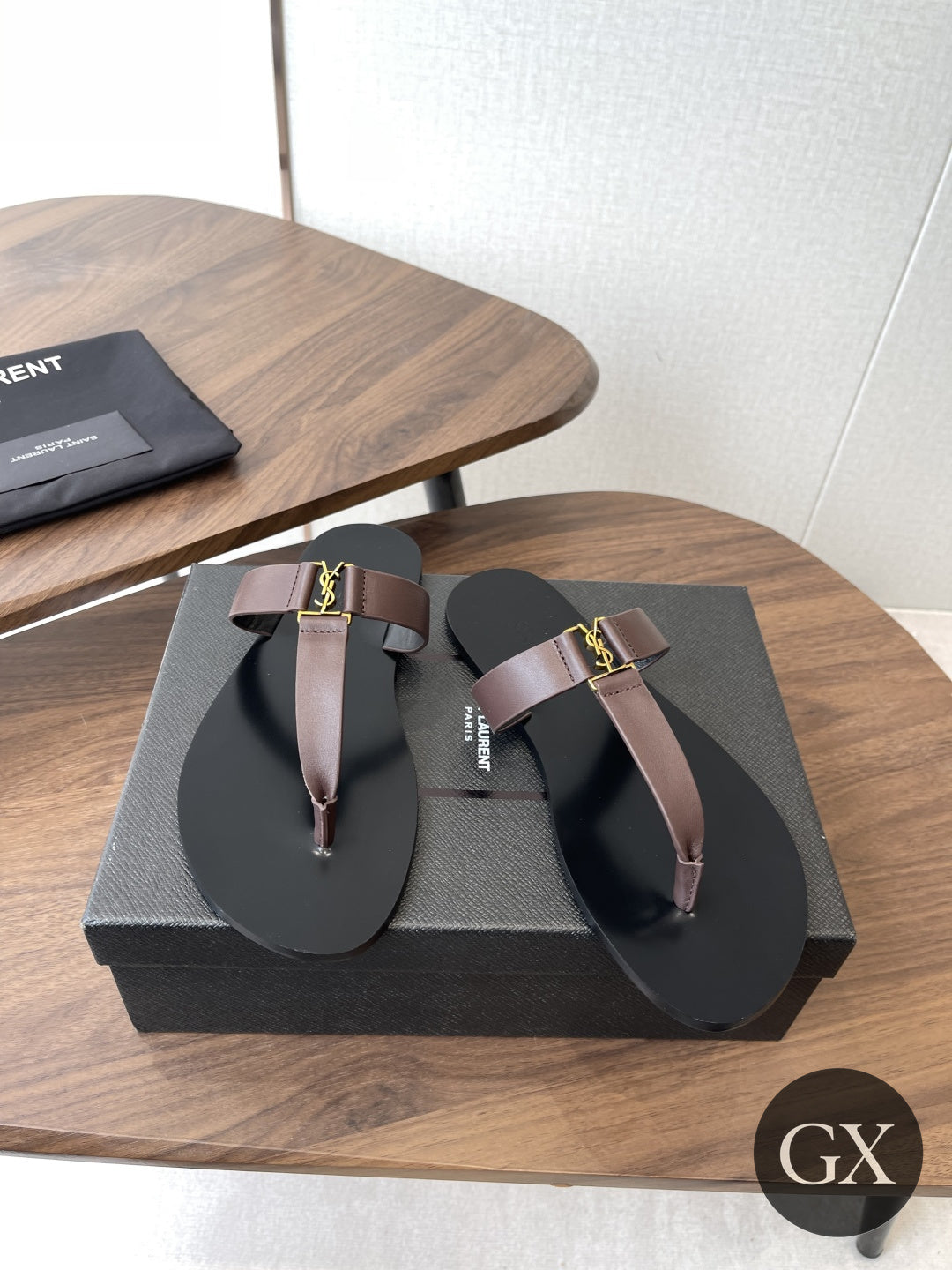 Saint Laurent Cassandre Flat Sandals Dark Brown - GX