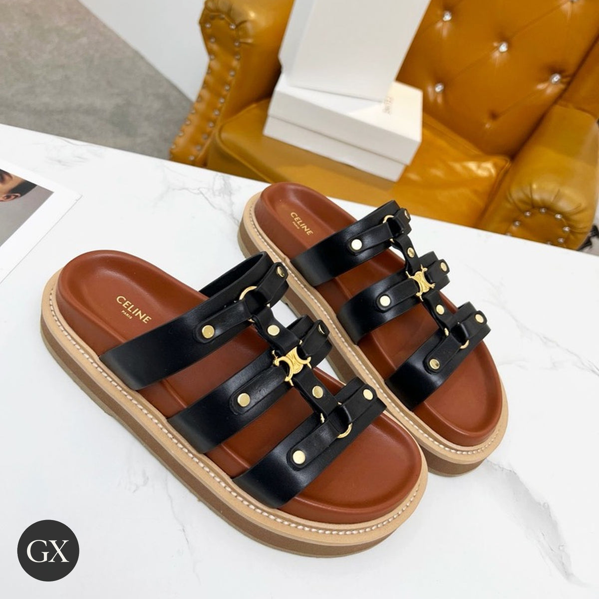 Triomphe Studded Platform Sandals Black
