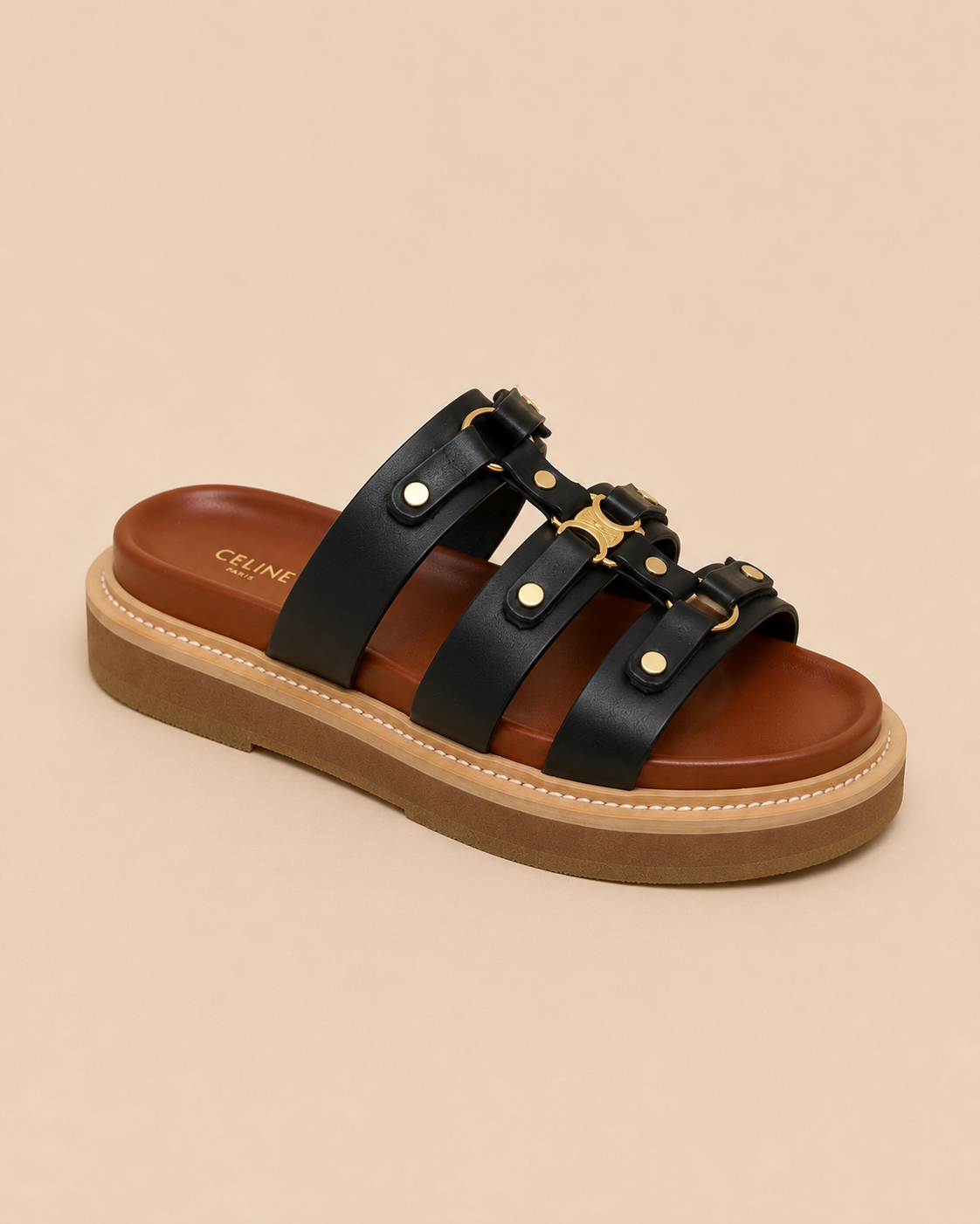 Celine Triomphe Studded Platform Sandals Black - 3/4 Angle