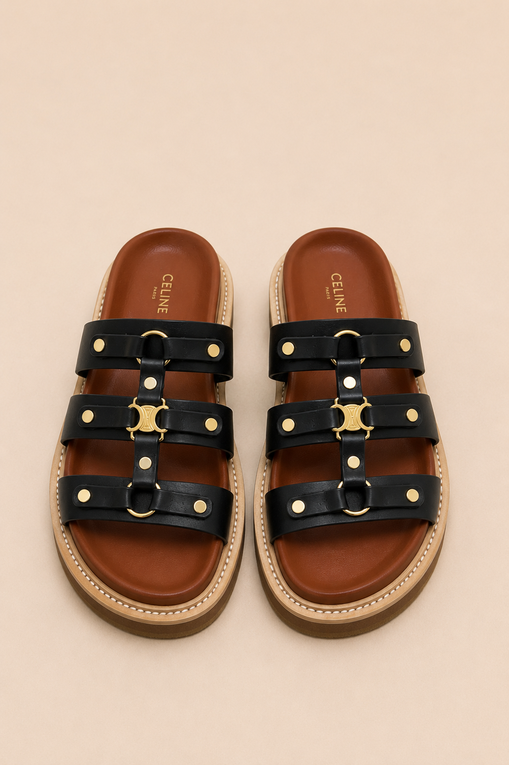 Celine Triomphe Studded Platform Sandals Black - Top Down
