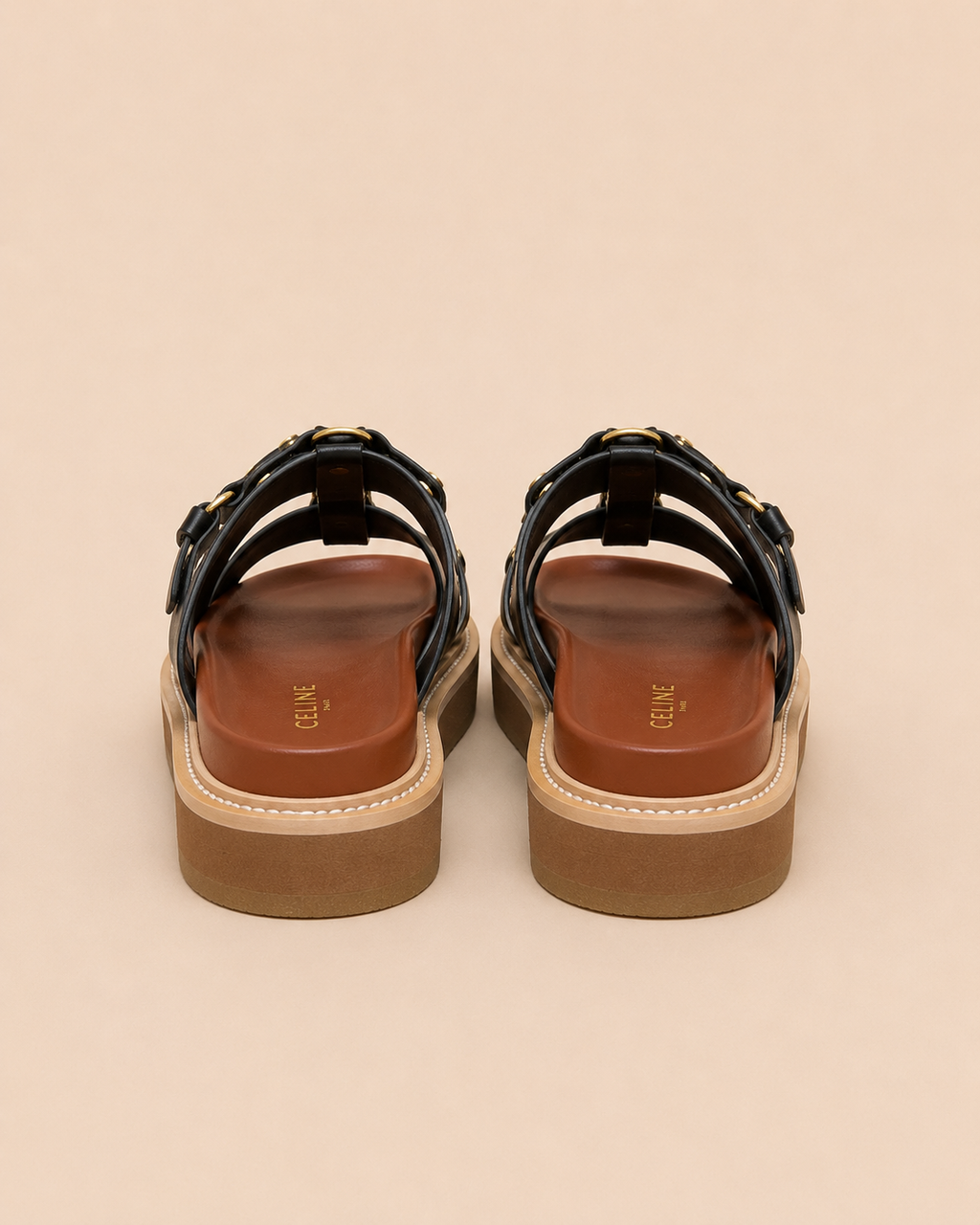 Celine Triomphe Studded Platform Sandals Black - Back Detail