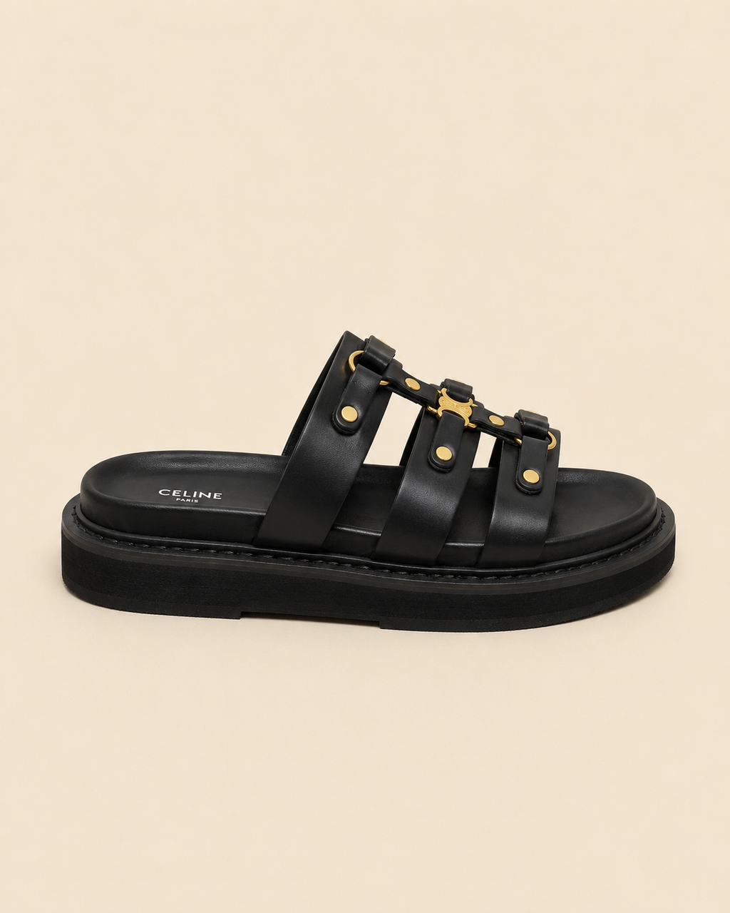 Celine Triomphe Studded Platform Sandals Black Monochrome - Side View