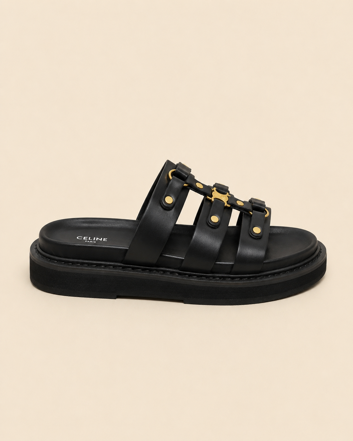 Celine Triomphe Studded Platform Sandals Black Monochrome - Side View