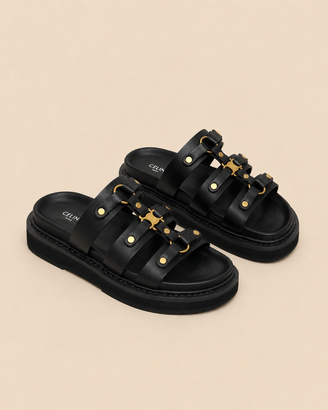 Celine Triomphe Studded Platform Sandals Black Monochrome - Pair 3/4 View