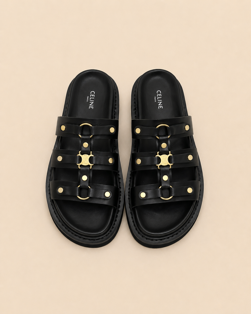 Celine Triomphe Studded Platform Sandals Black Monochrome - Top View