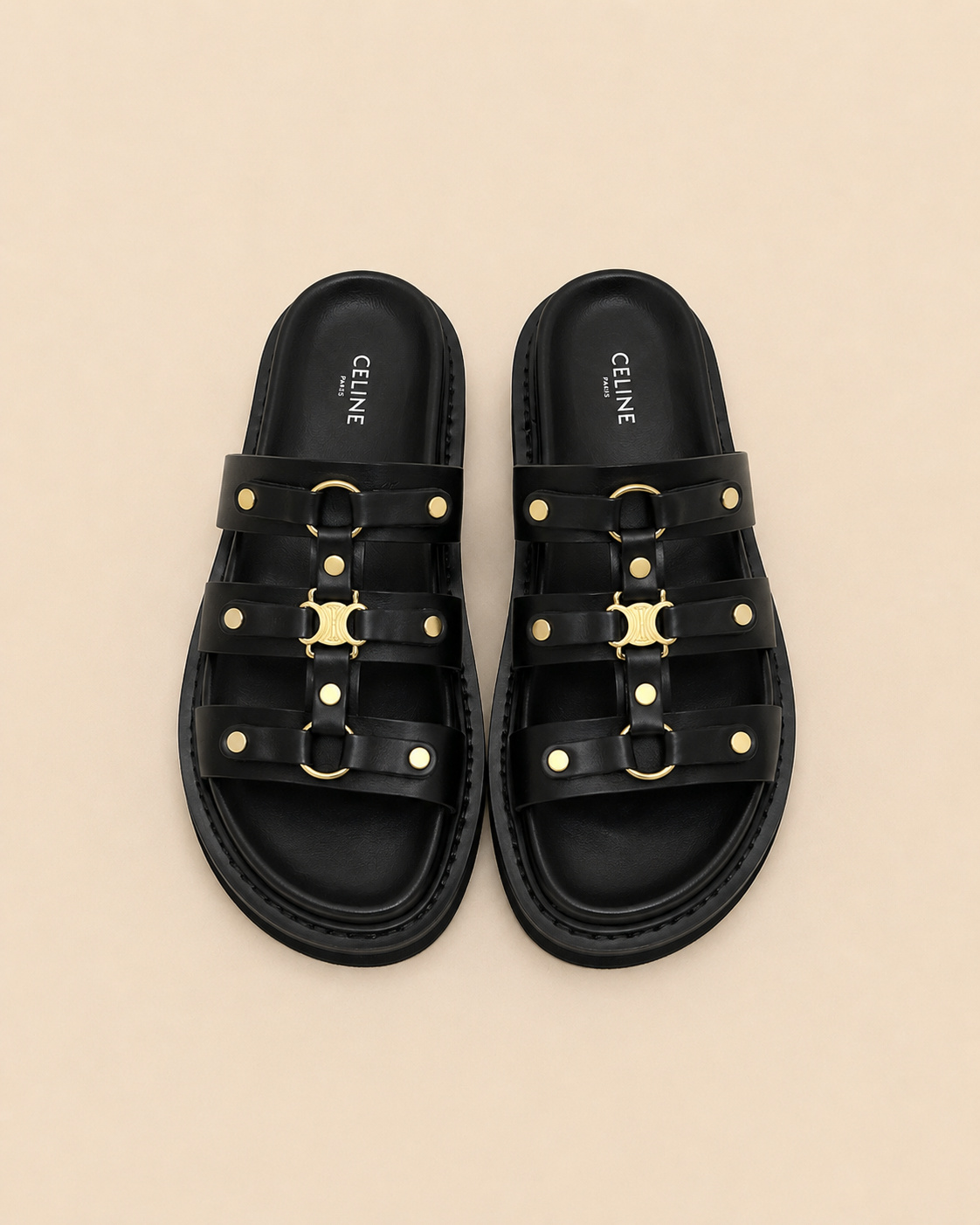 Celine Triomphe Studded Platform Sandals Black Monochrome - Top View