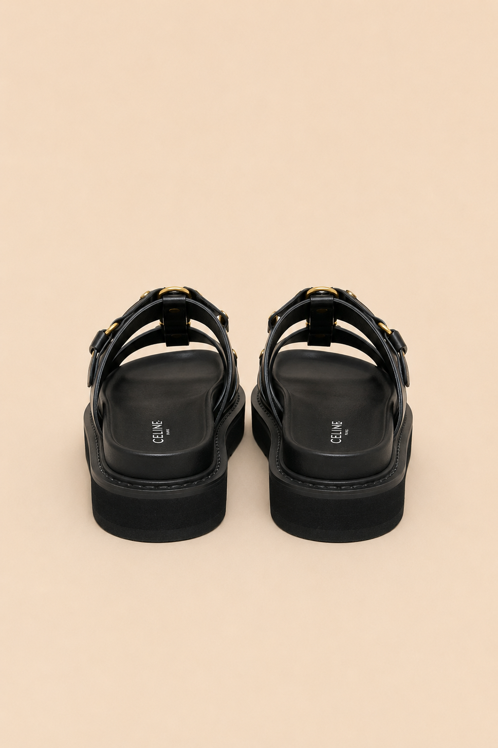Celine Triomphe Studded Platform Sandals Black Monochrome - Back View
