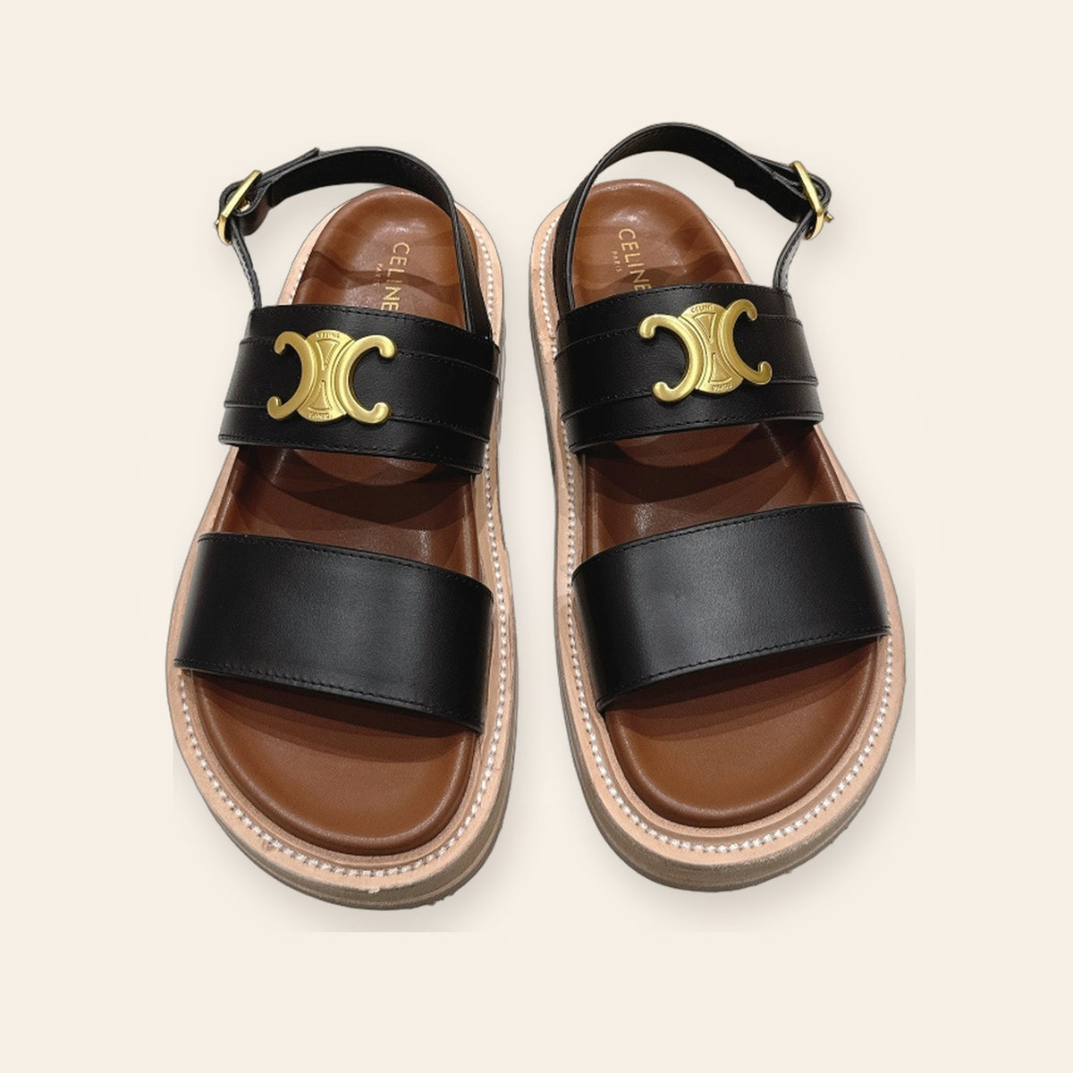 Celine Triomphe Double-Strap Backstrap Sandal – שחור