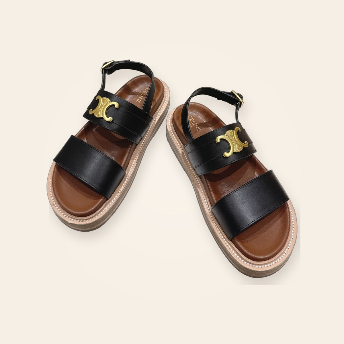 Celine Triomphe Double-Strap Backstrap Sandal – שחור