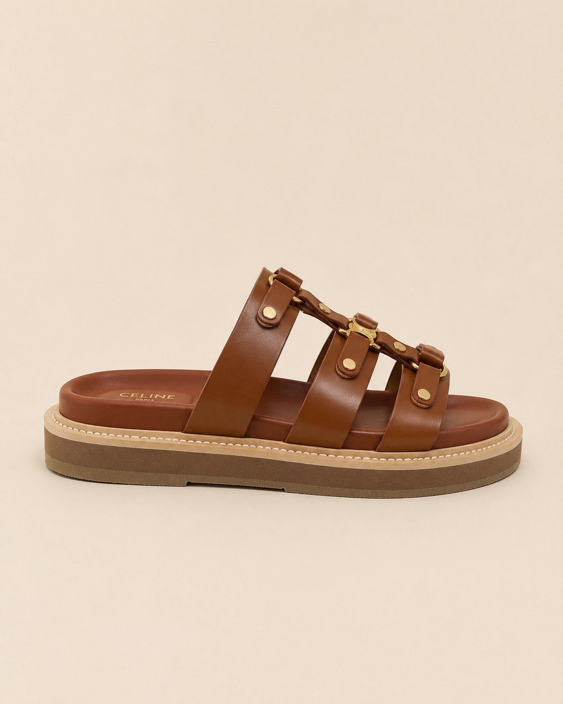 Celine Triomphe Studded Leather Sandals - Front View