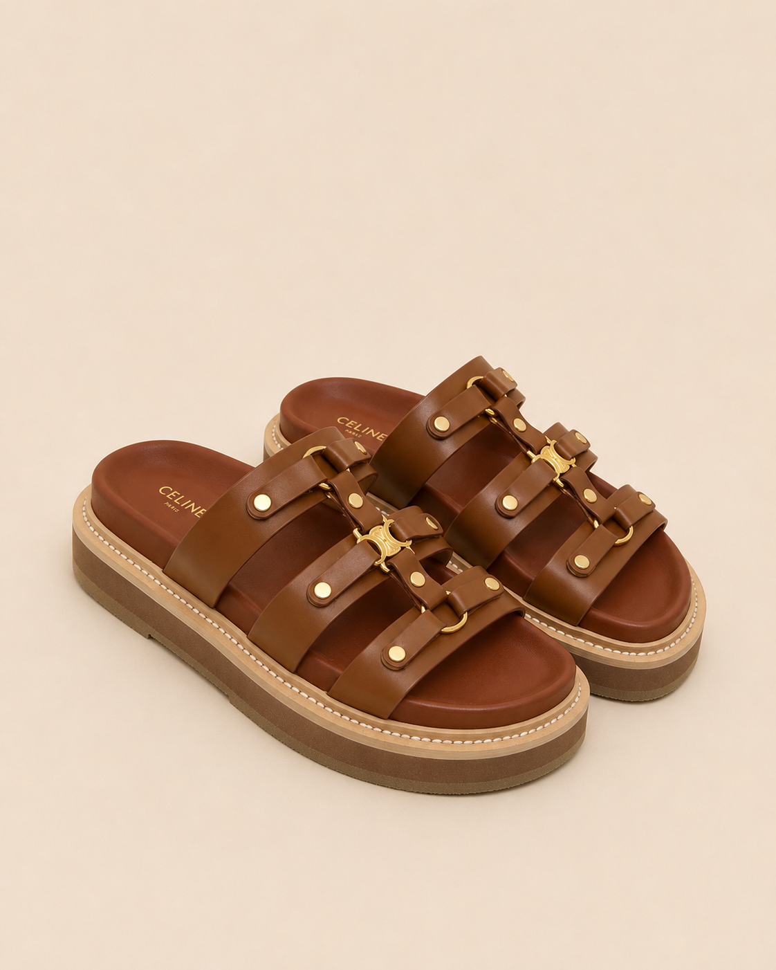Celine Triomphe Studded Leather Sandals - Side Angle