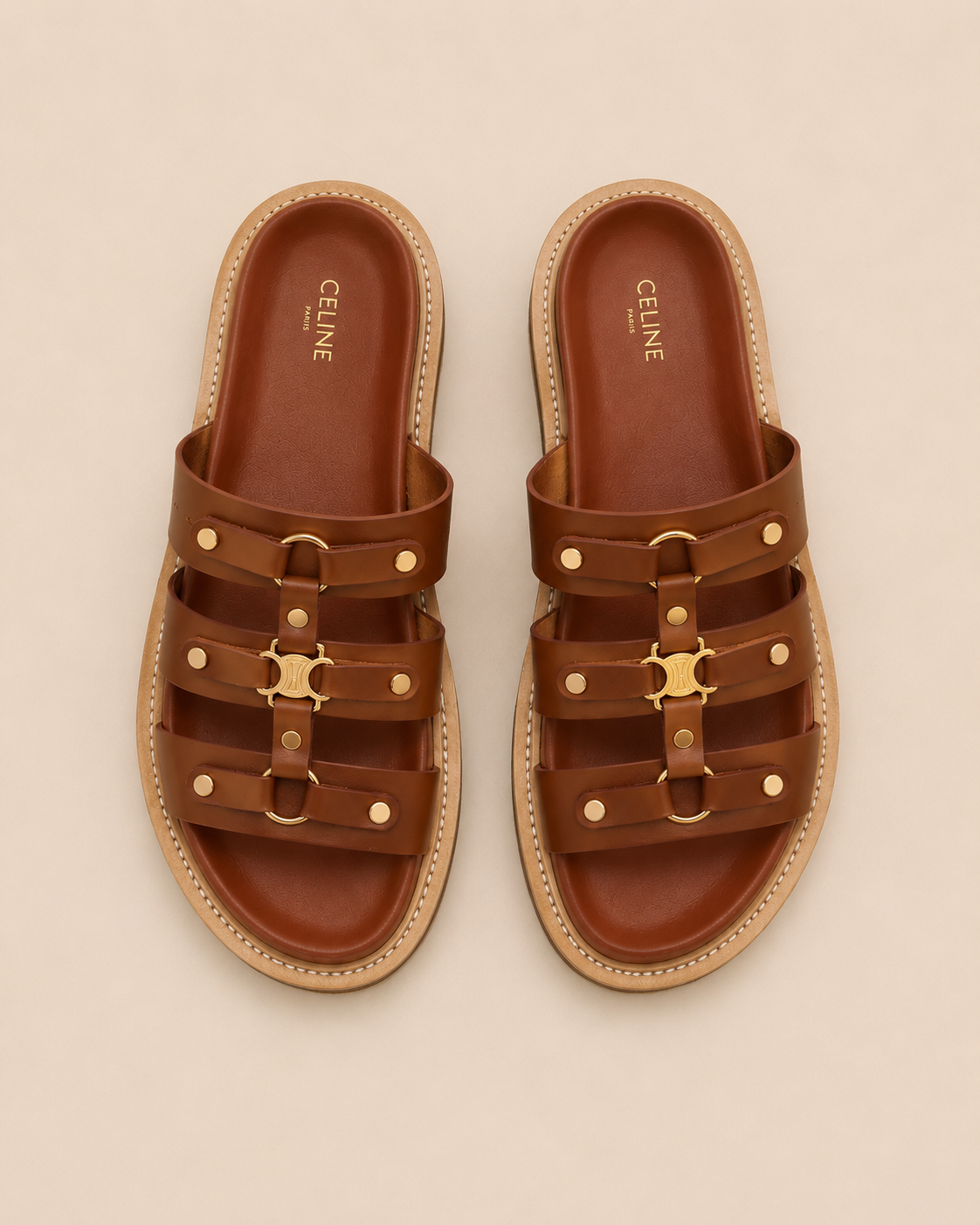 Celine Triomphe Studded Leather Sandals - Top View