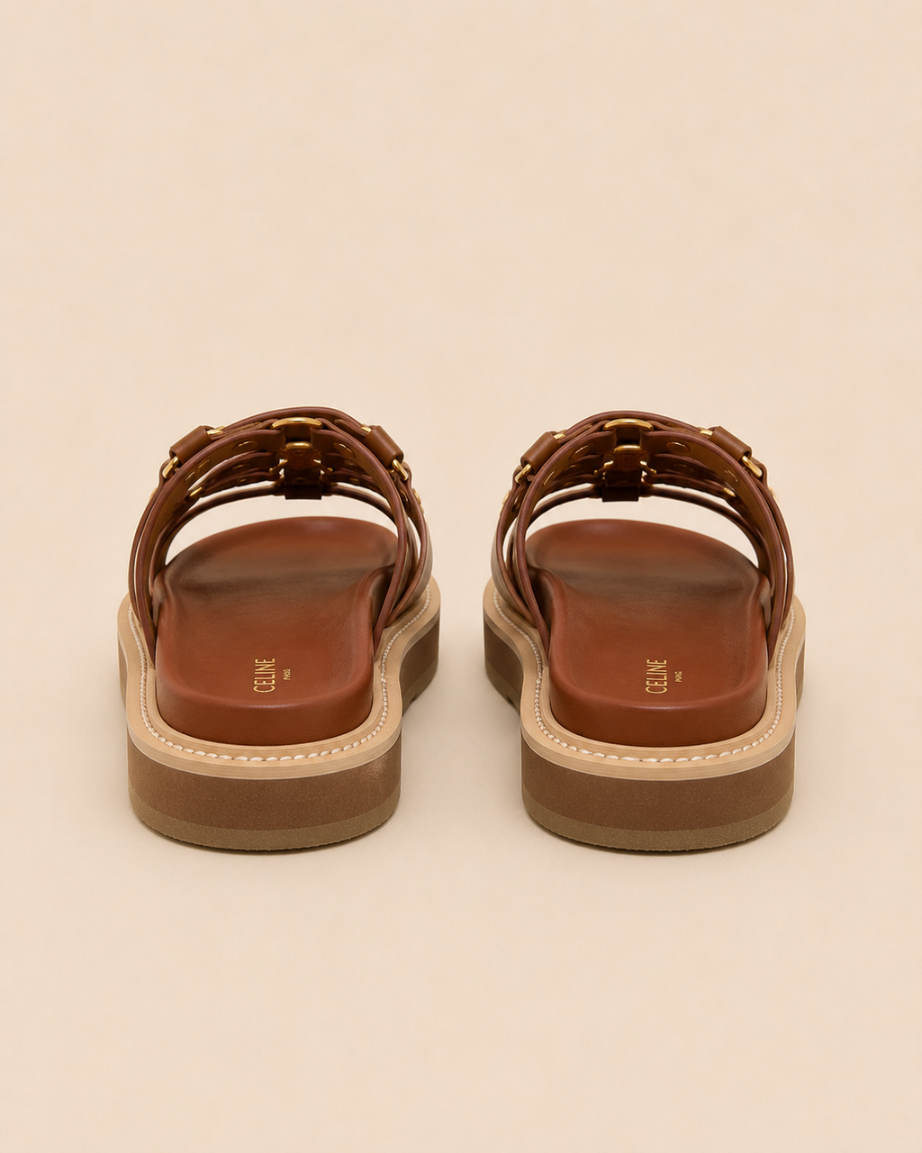 Celine Triomphe Studded Leather Sandals - Detail View