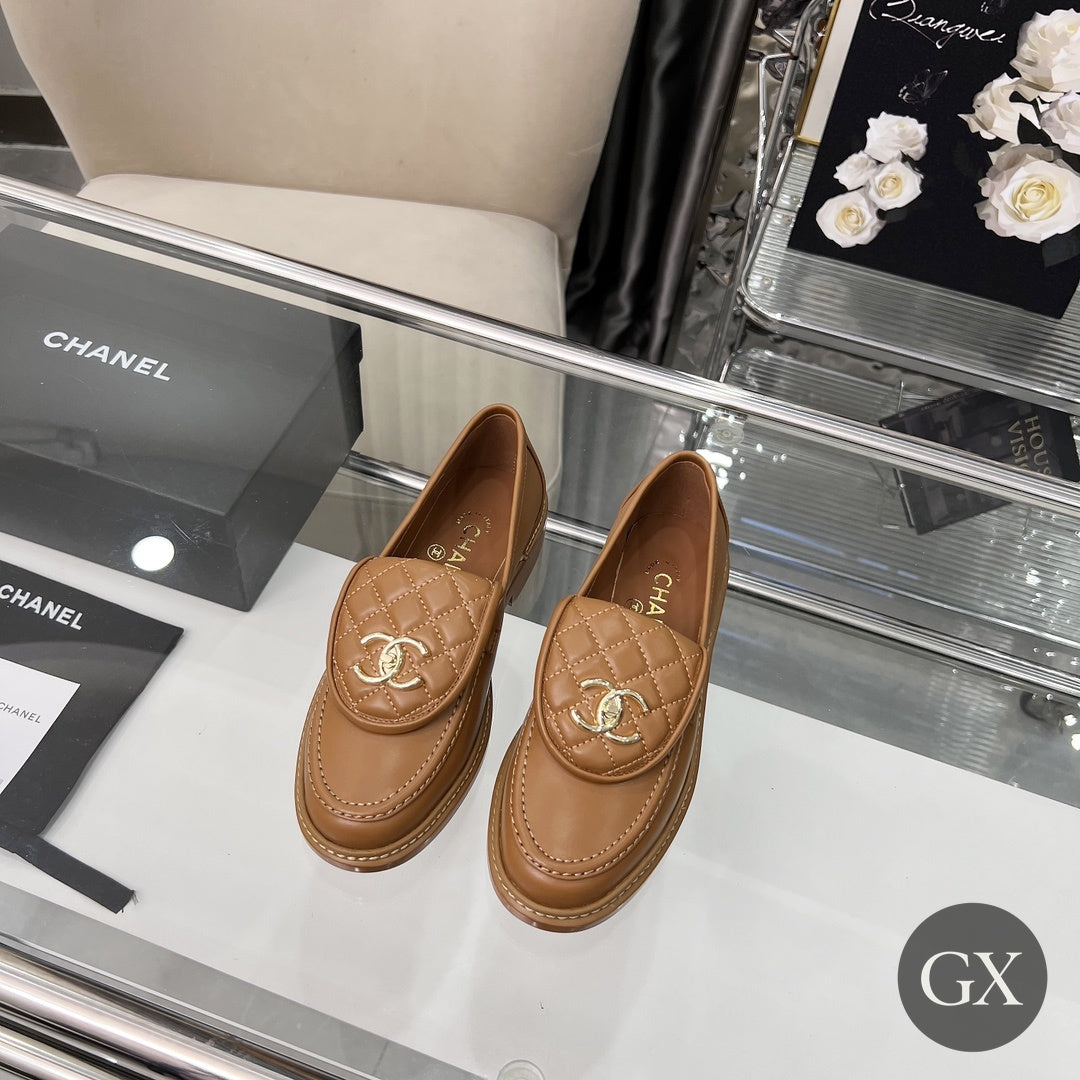 CC Quilted Mocassin Loafers – Cognac / Gold CC – original image 1 with GX logo