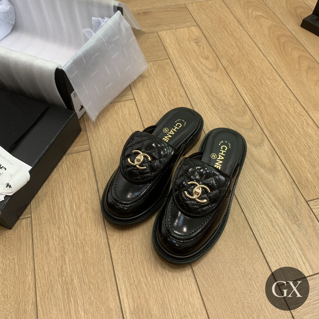 CC Quilted Mocassin Mules – Black Patent / Gold CC – image 1