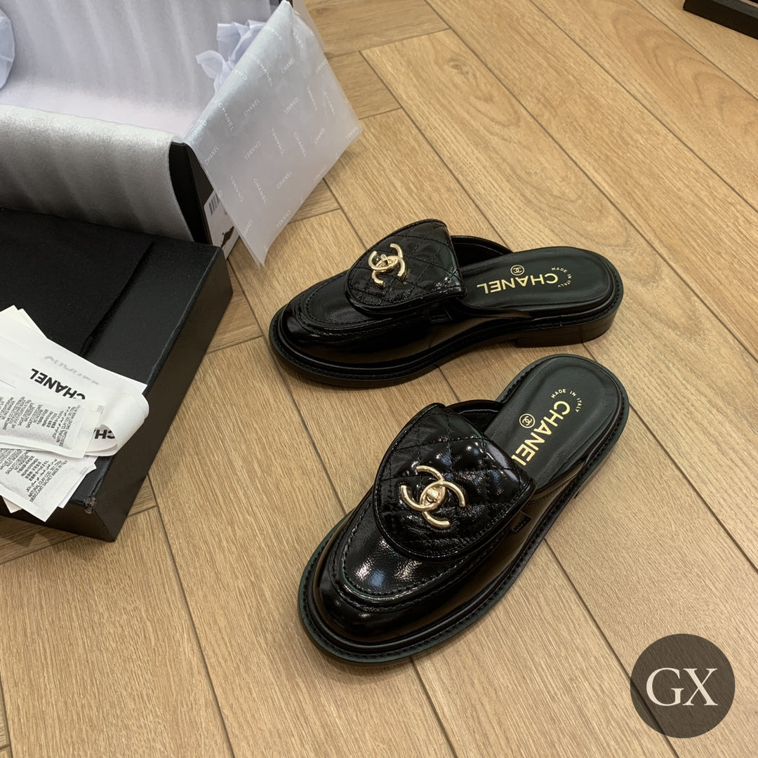 CC Quilted Mocassin Mules – Black Patent / Gold CC – image 2