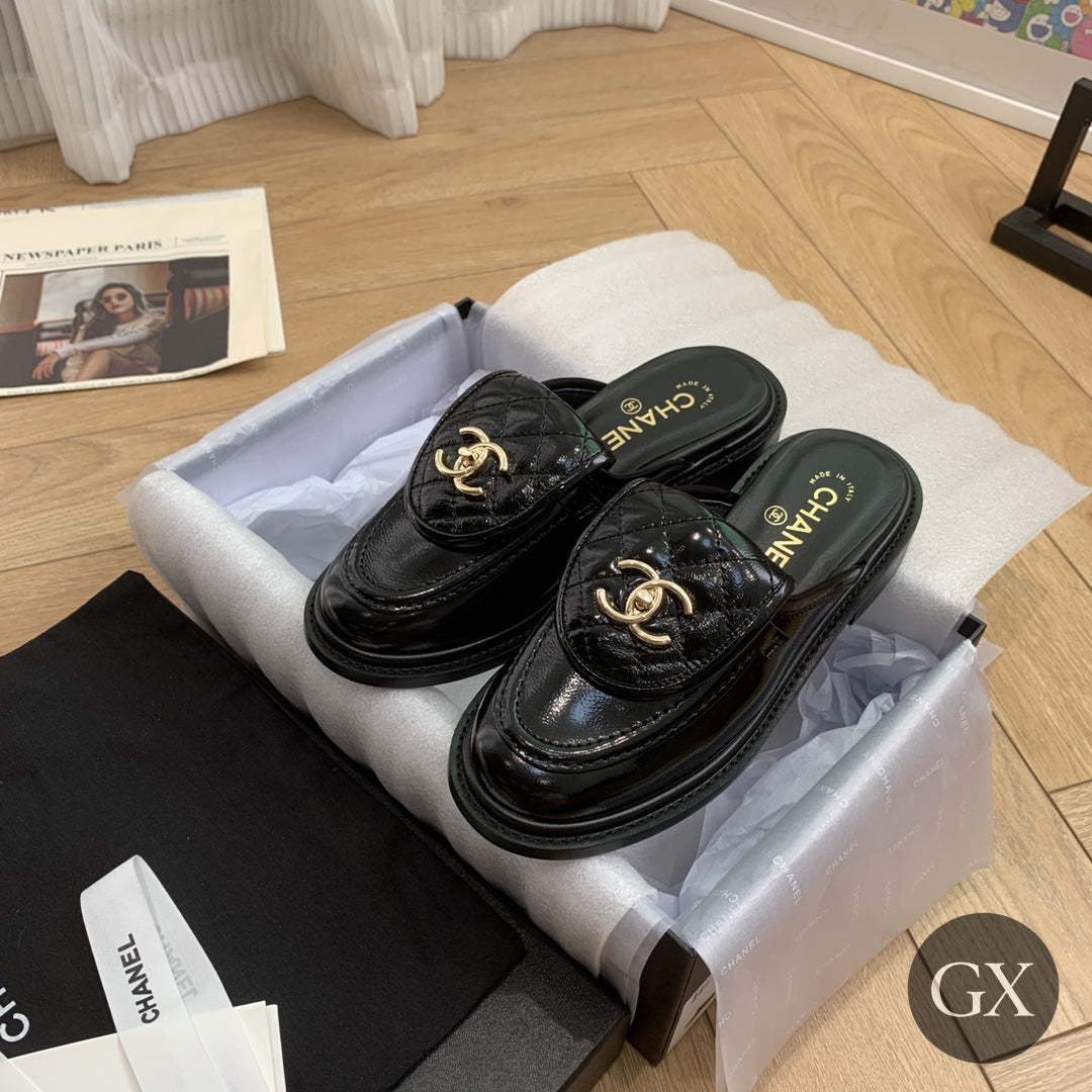 CC Quilted Mocassin Mules – Black Patent / Gold CC – image 3