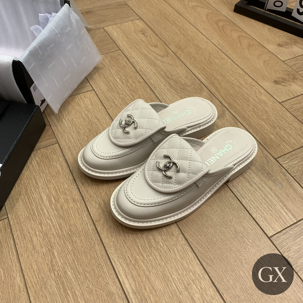 CC Quilted Mocassin Mules – Cream / Silver CC – image 1