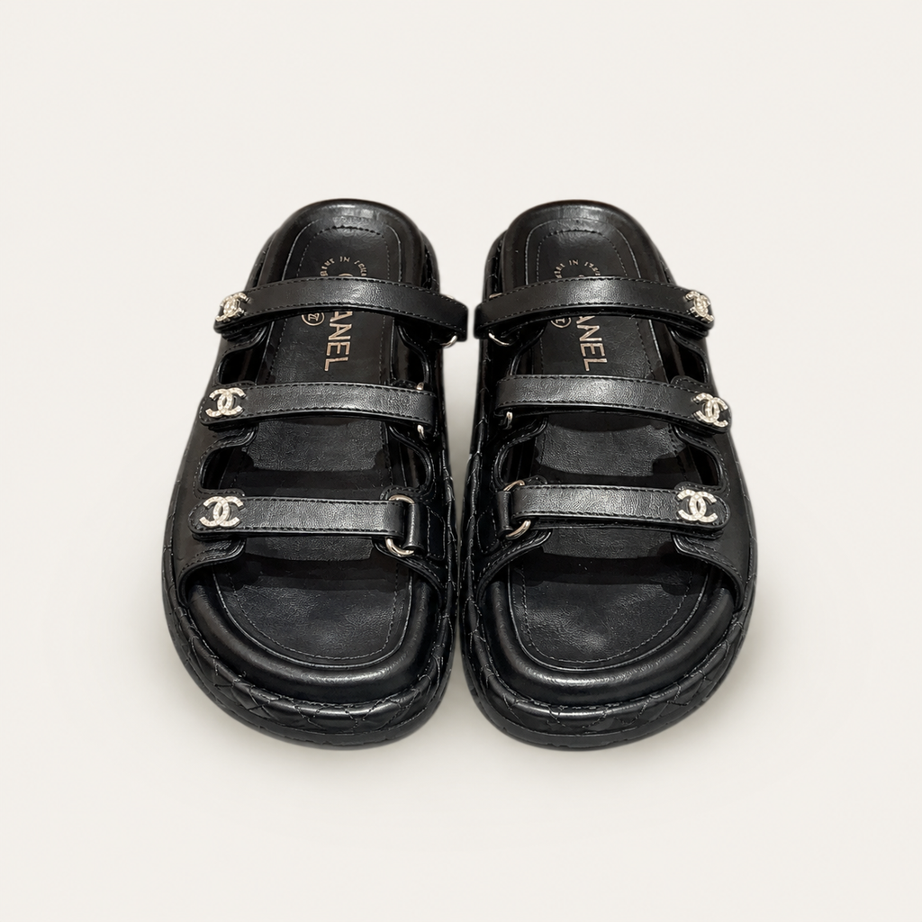 Chanel CC Logo Triple-Strap Sandals Black - Front