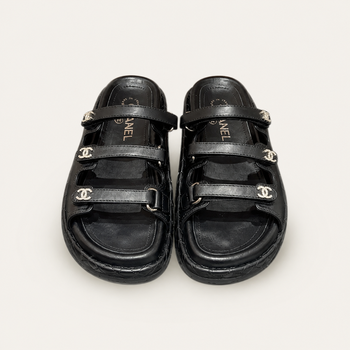 Chanel CC Logo Triple-Strap Sandals Black - Front