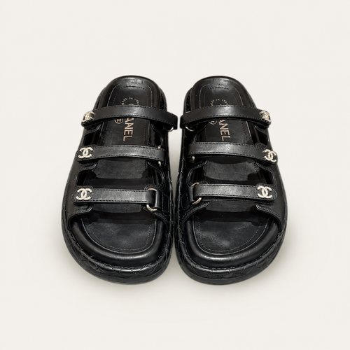 Chanel CC Logo Triple-Strap Sandals Black - Front