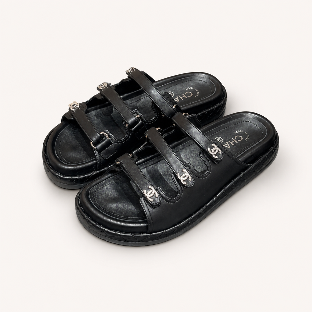 Chanel CC Logo Triple-Strap Sandals Black - Angle
