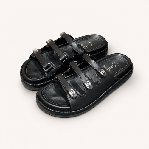 Chanel CC Logo Triple-Strap Sandals Black - Angle