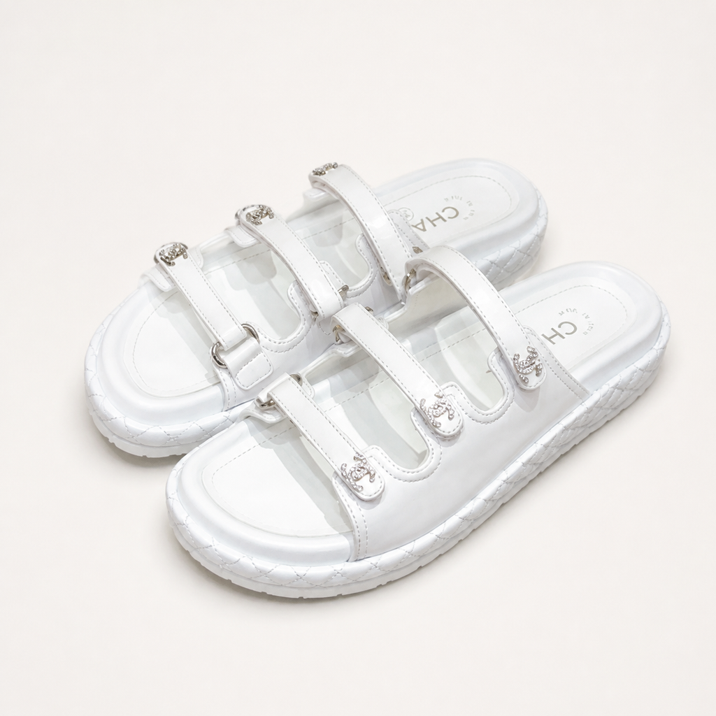 Chanel CC Logo Triple-Strap Sandals White - Angle