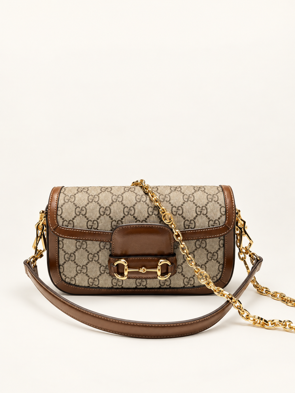 Gucci Horsebit 1955 Small Chain shoulder bag beige and brown GG Supreme - front view