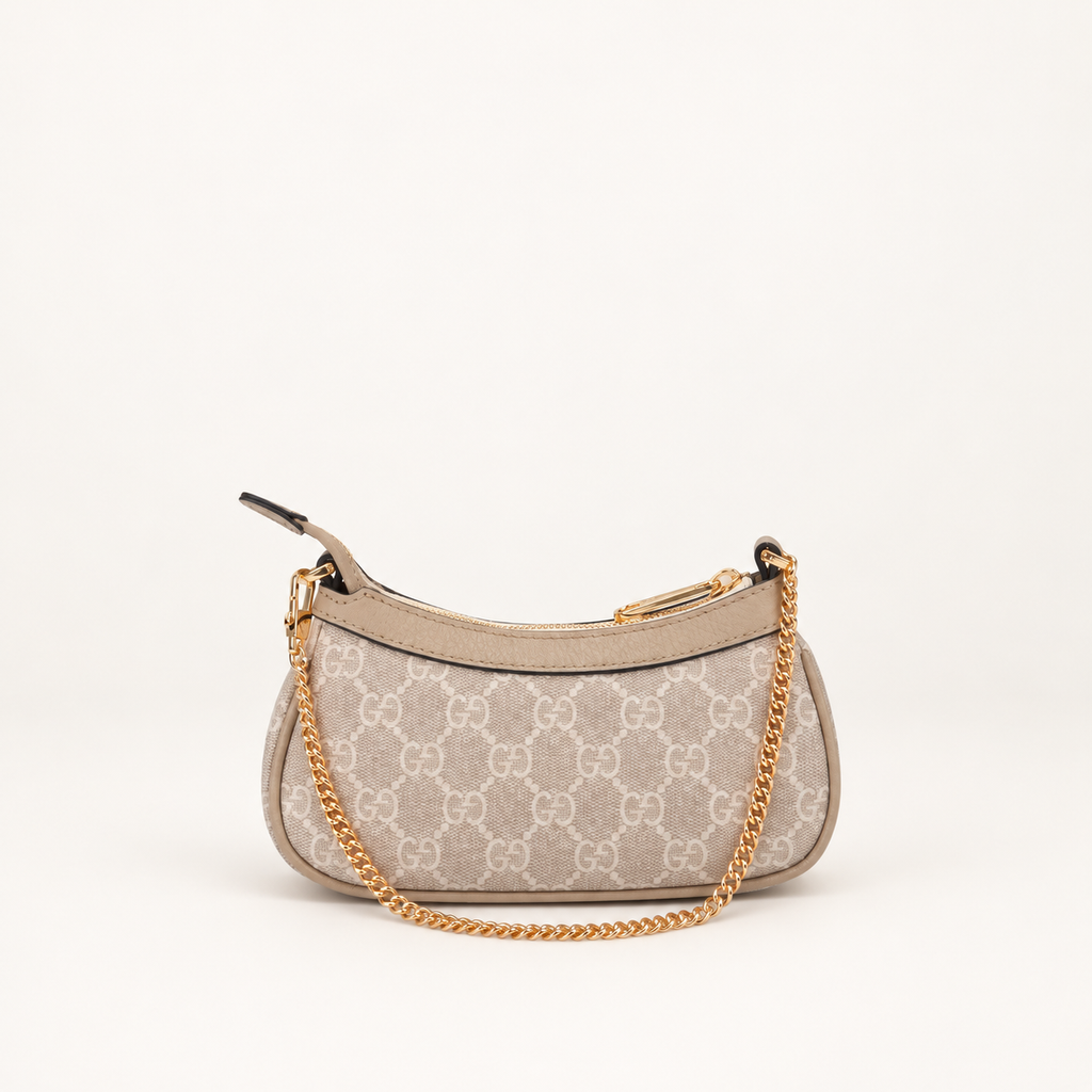 Gucci Ophidia mini bag beige and white GG Supreme – rear studio view
