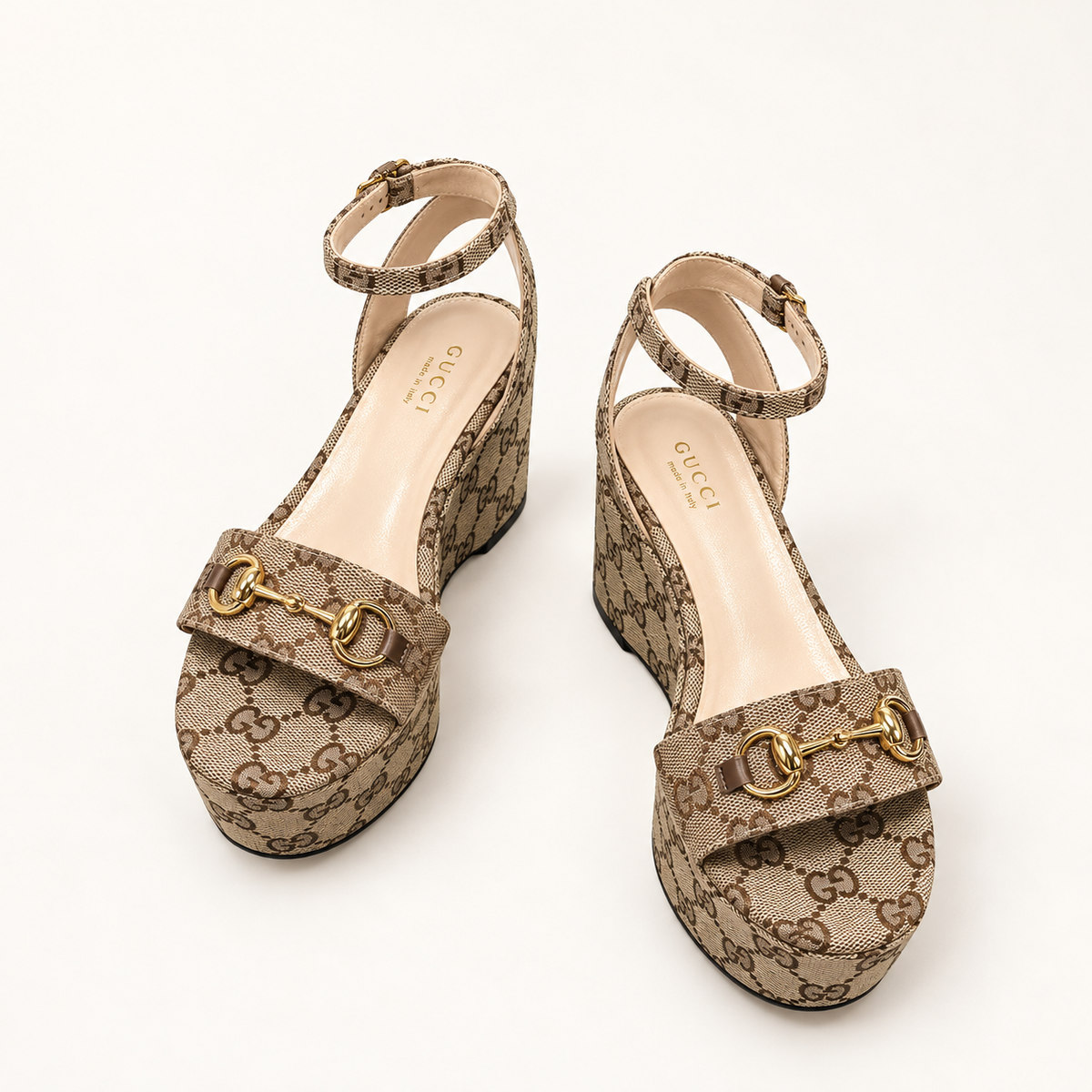 Gucci Women's Wedge Sandal with Horsebit beige dark brown GG canvas – clean warm ivory studio view