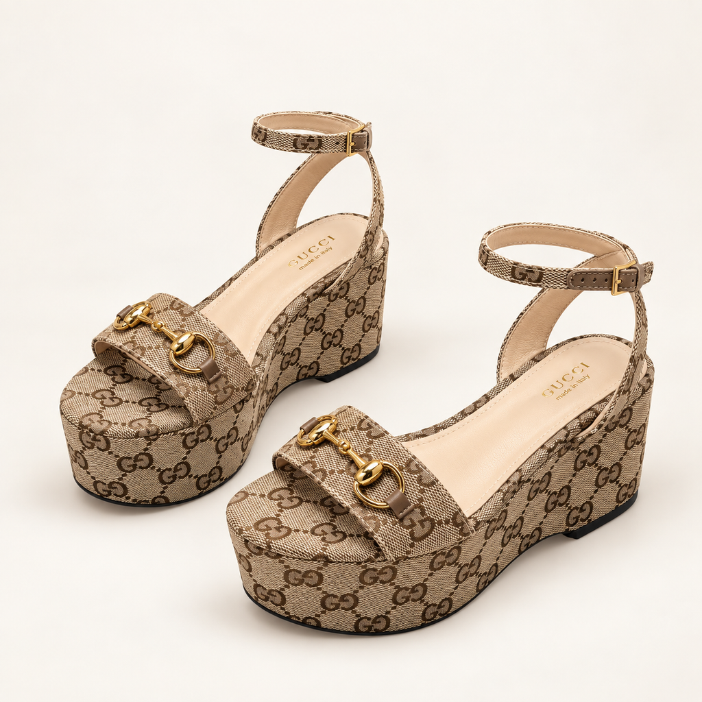 Gucci Women's Wedge Sandal with Horsebit beige dark brown GG canvas – clean angled warm ivory studio view