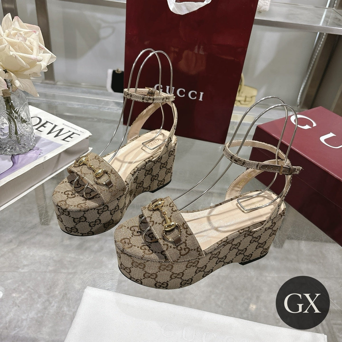 Gucci Women's Wedge Sandal with Horsebit beige dark brown GG canvas – original setting with GX logo