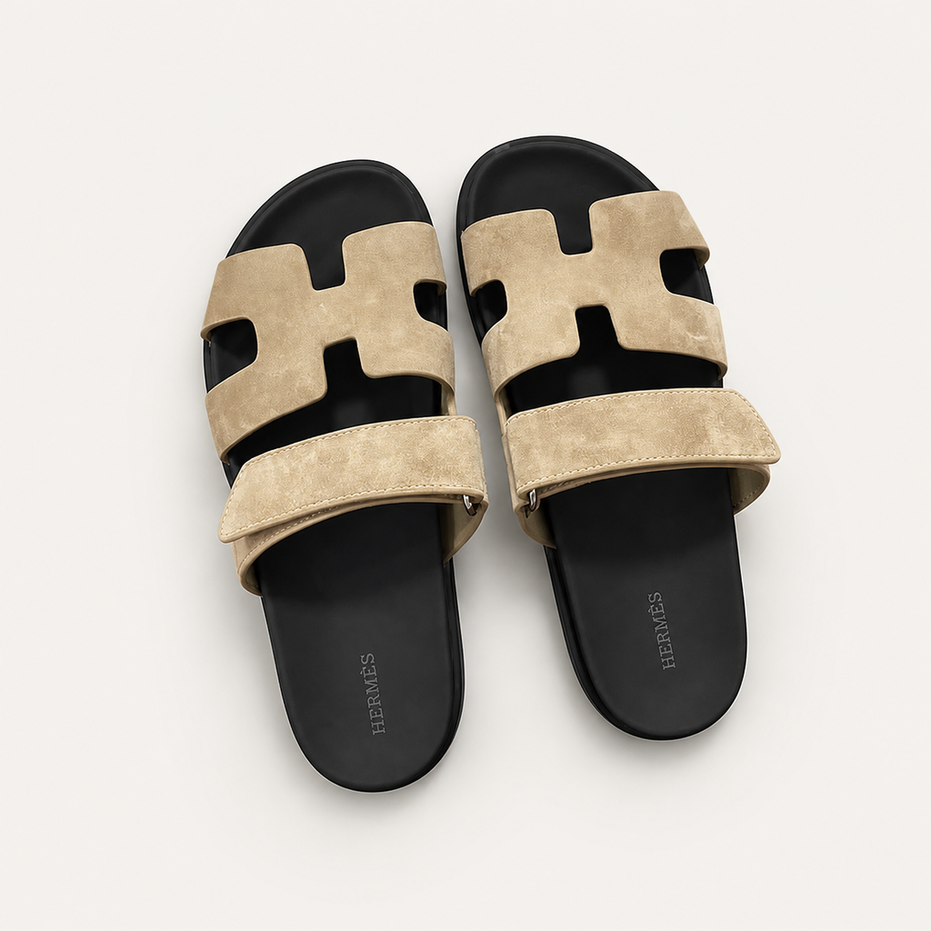 Hermes Chypre Sandal Taupe Suede Black Sole - Top View