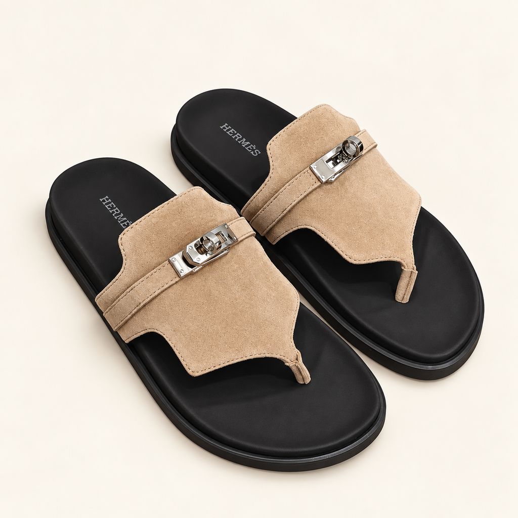 Hermès Kelly Thong Sandal Beige Black Sole - catalog angle