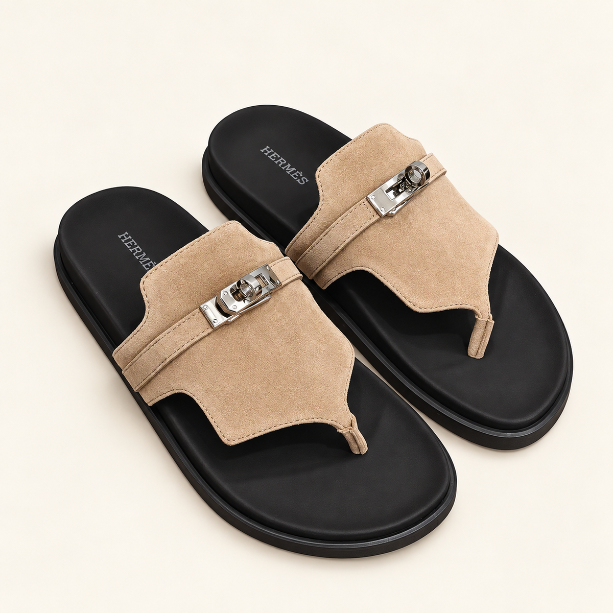 Hermès Kelly Thong Sandal Beige Black Sole - catalog angle
