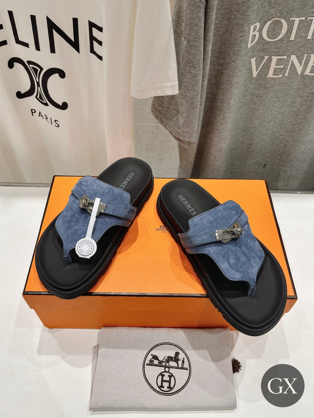 Hermès Kelly Thong Sandal Blue - original angle GX
